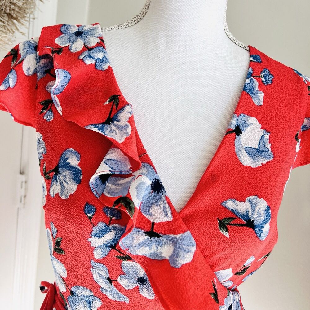 Love & Piece Collective Coral Orange & Blue Floral True Wrap Dress Lined Medium - Picture 2 of 10